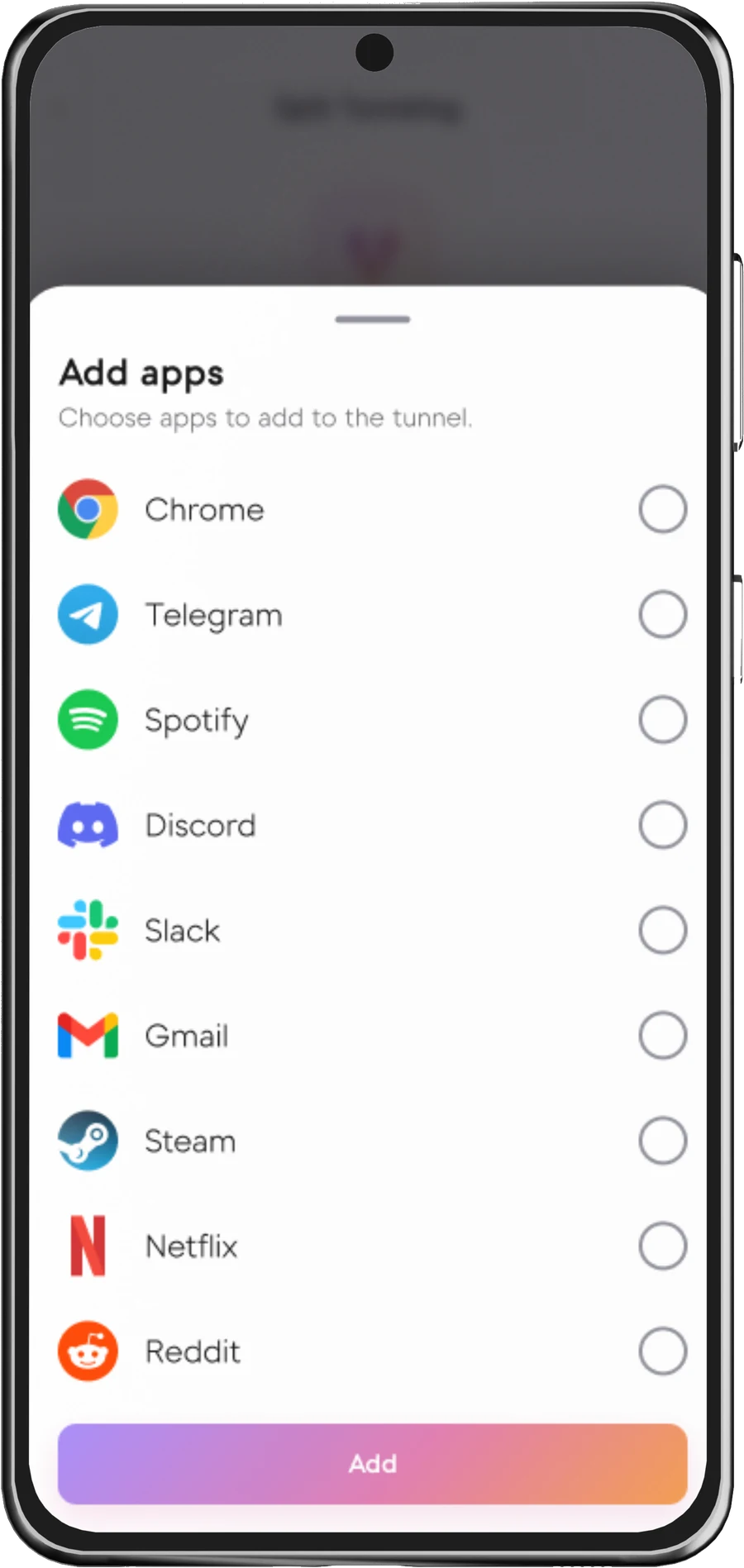 Senton app Add apps panel listing installed apps such as Chrome, Telegram, Spotify, Discord, Slack, Gmail, Steam, Netflix and Reddit, each with a selection circle