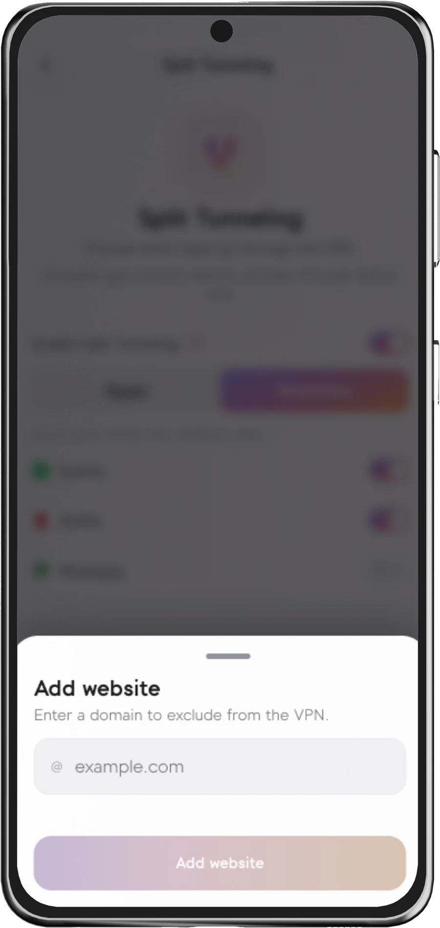 Senton app Add website panel with a field for entering a domain to exclude from the VPN