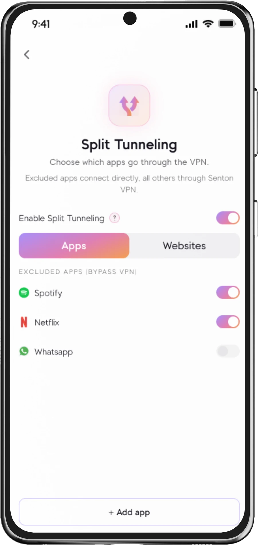 Senton app Split Tunneling screen with the feature enabled, the Apps tab selected, and Spotify and Netflix switched on in the excluded apps list