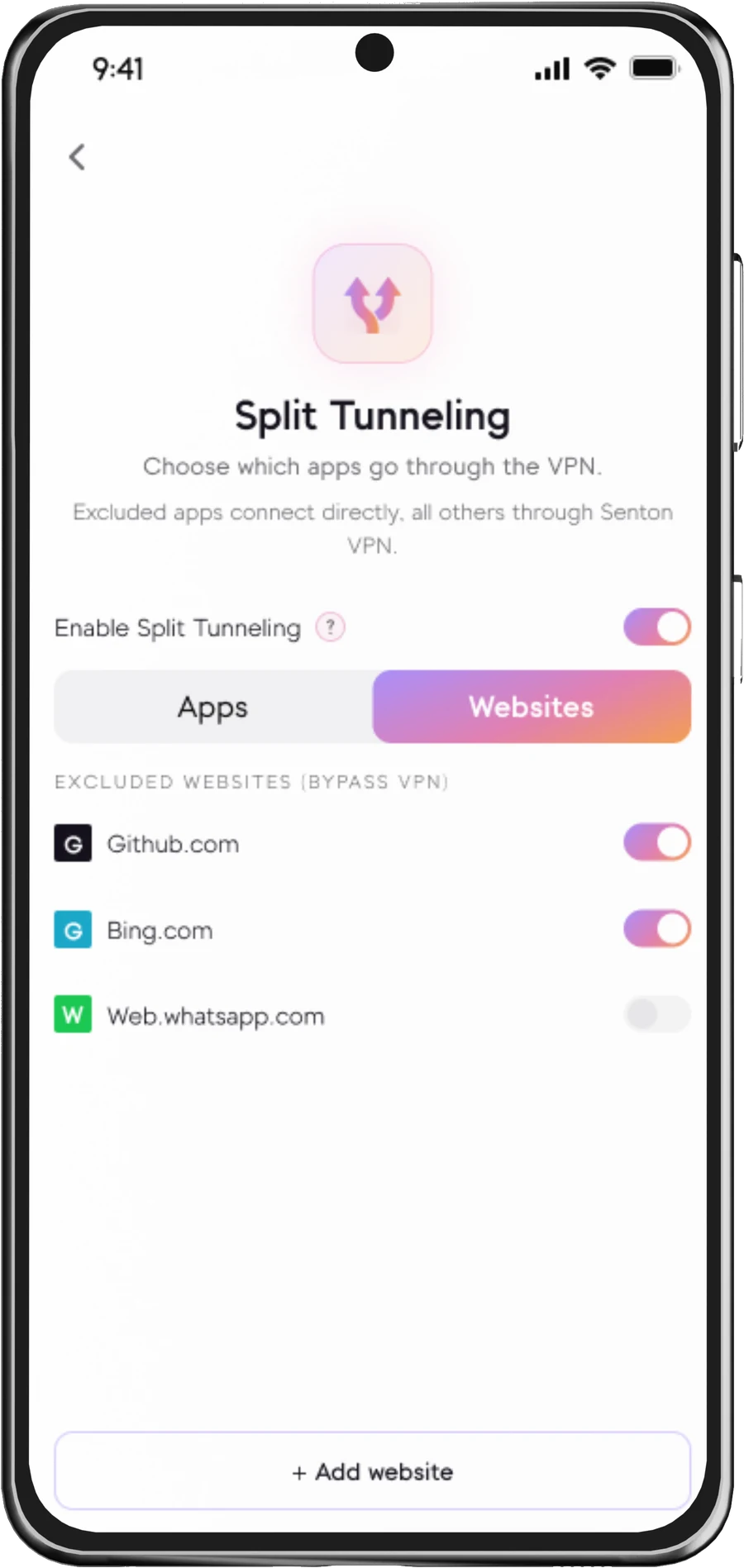 Senton app Split Tunneling screen with the Websites tab selected, showing Github.com and Bing.com switched on in the excluded websites list