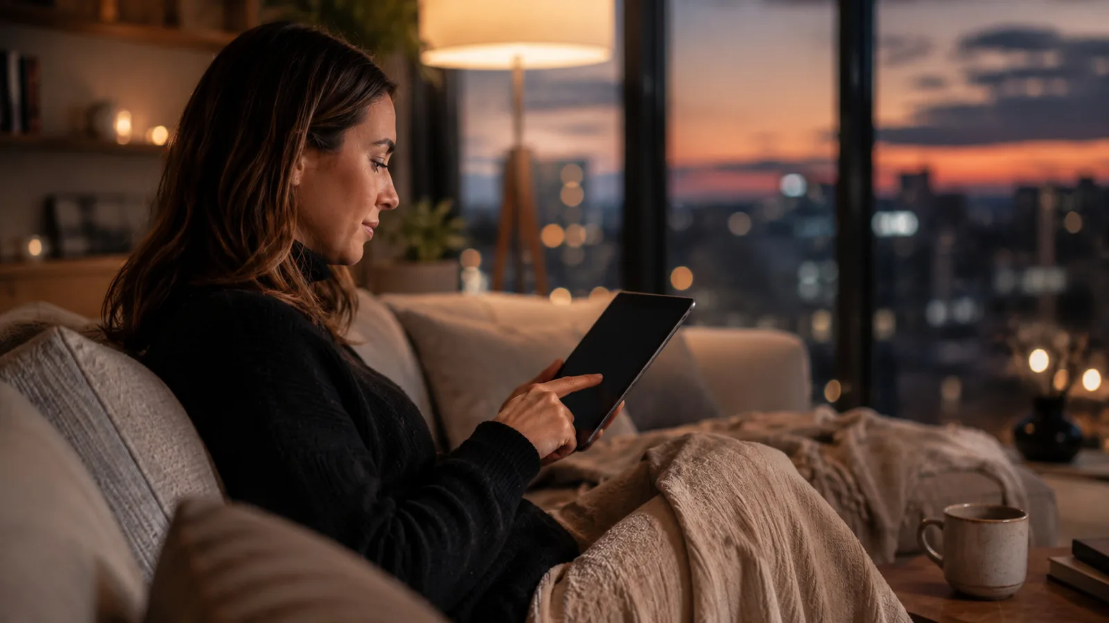 A woman relaxing on a sofa in the evening using a tablet, with a warm lamp beside her and city lights through the window