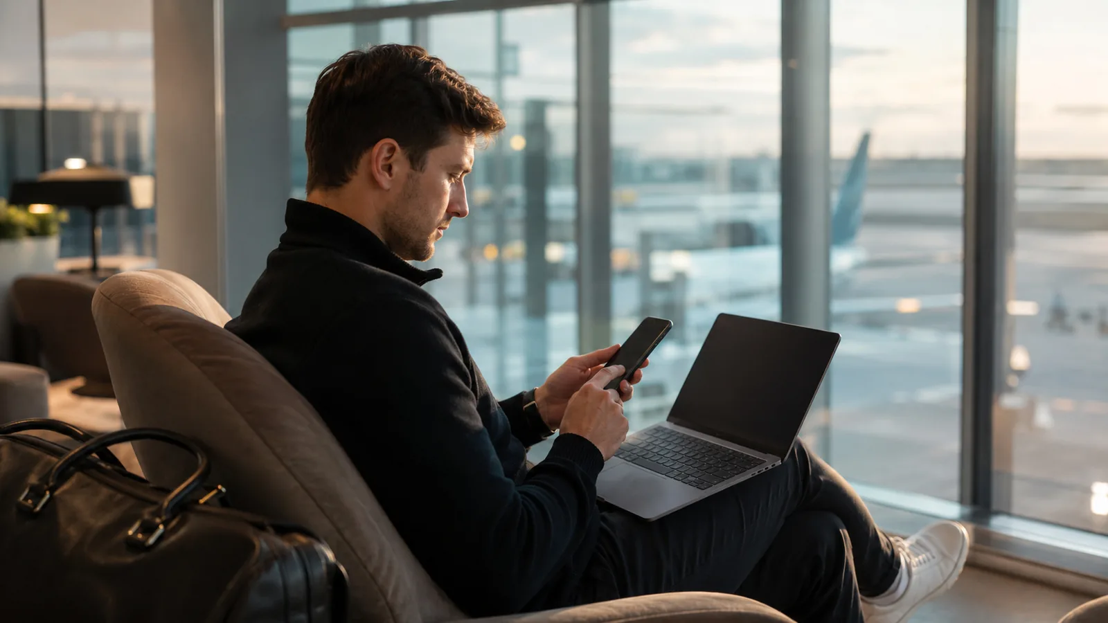 A traveller sitting in an airport lounge looking at his phone, a laptop resting on his knee and an aircraft visible through the window behind him