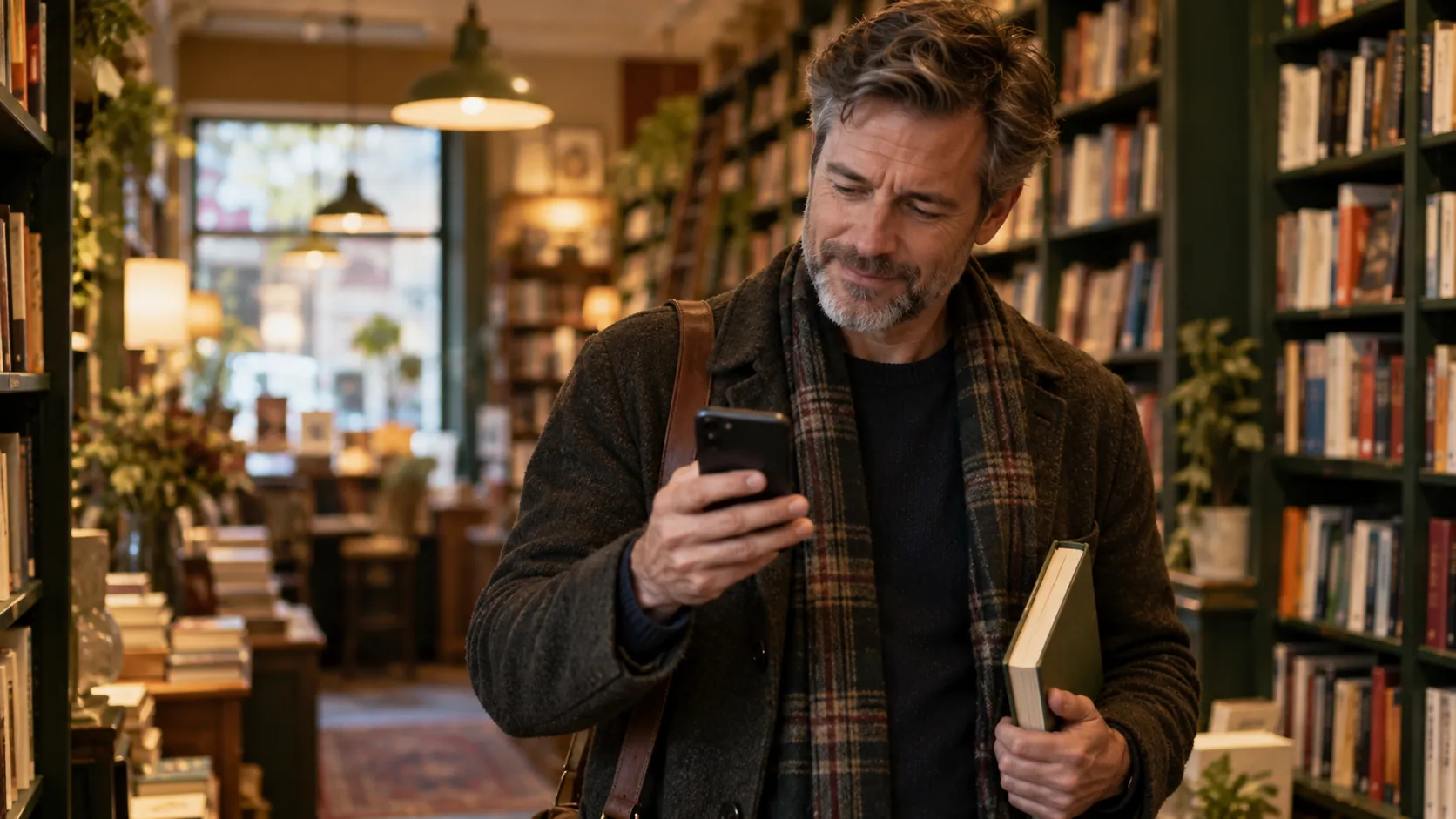 A man in a bookshop looks at his phone with a puzzled half-smile
