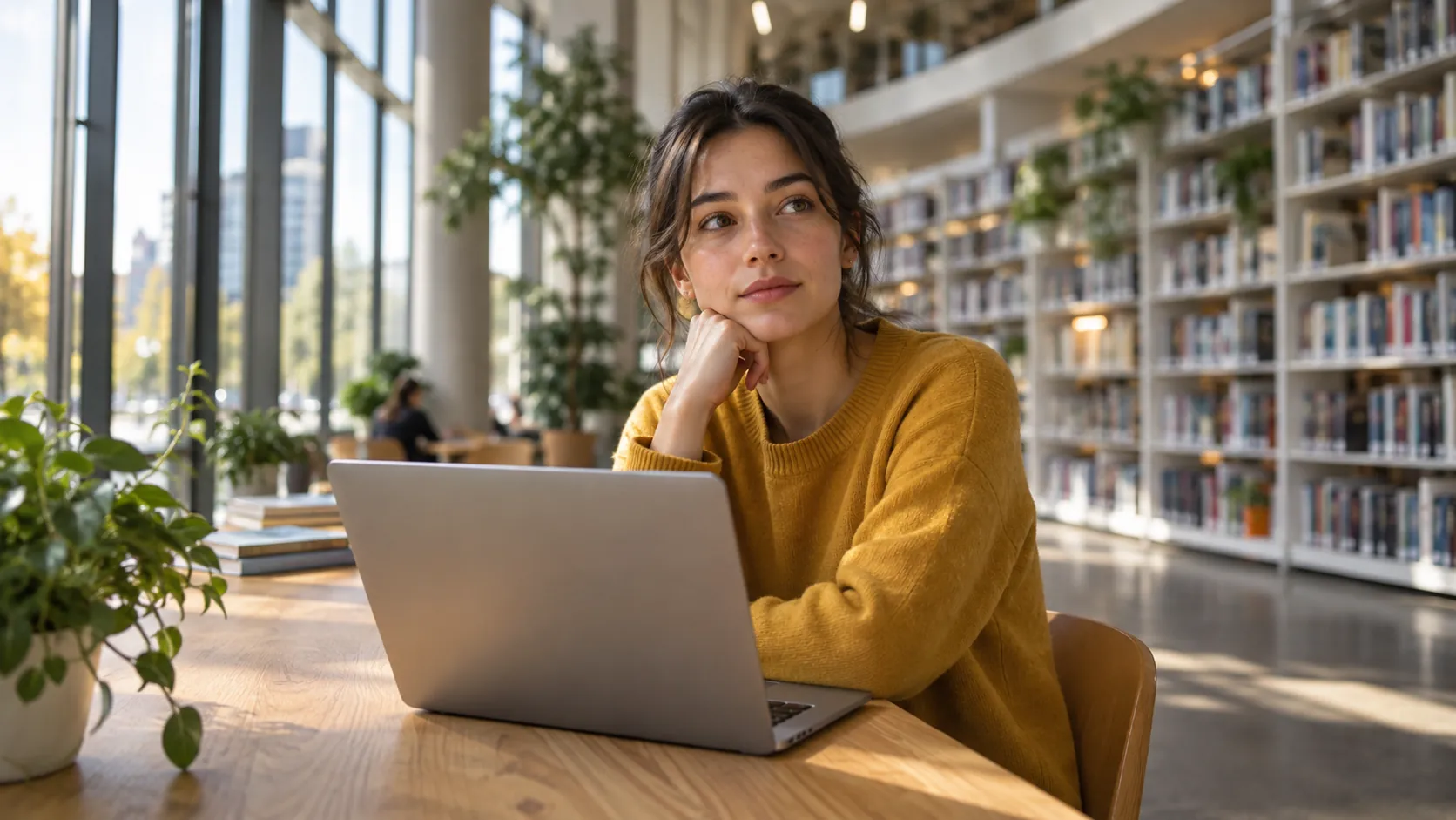 A woman in a mustard jumper pauses at her laptop in a bright modern library, chin resting on her hand