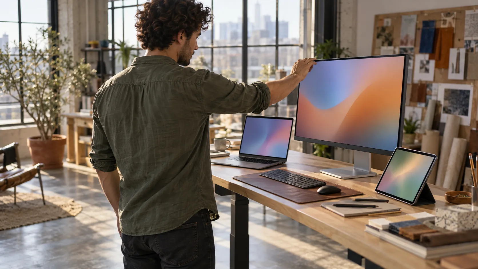 A designer adjusts a large monitor beside a laptop and a tablet in a bright studio