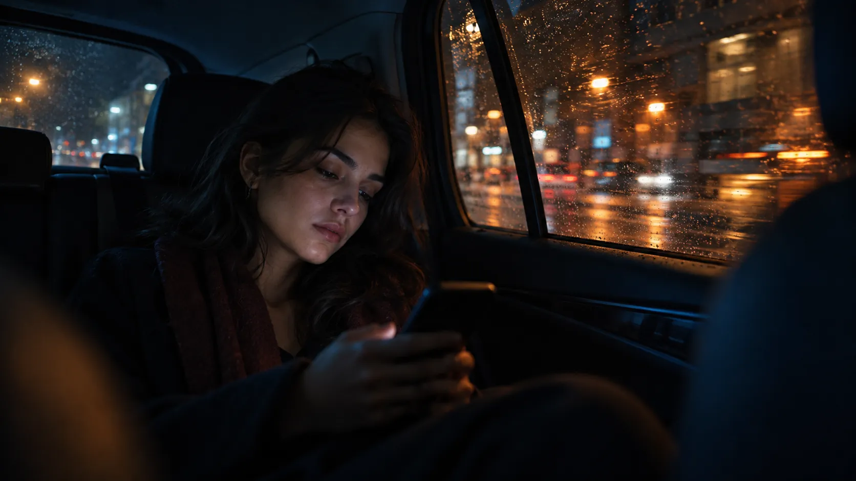 A woman in the back seat of a car at night looks at her phone as city lights pass the window