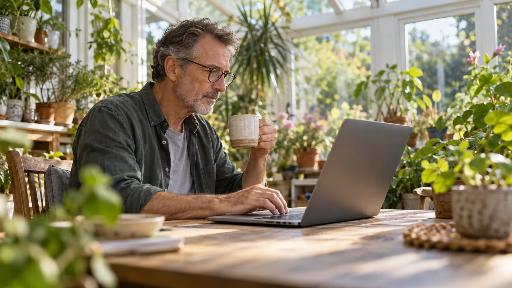 A man in reading glasses changes settings on his laptop in a bright conservatory