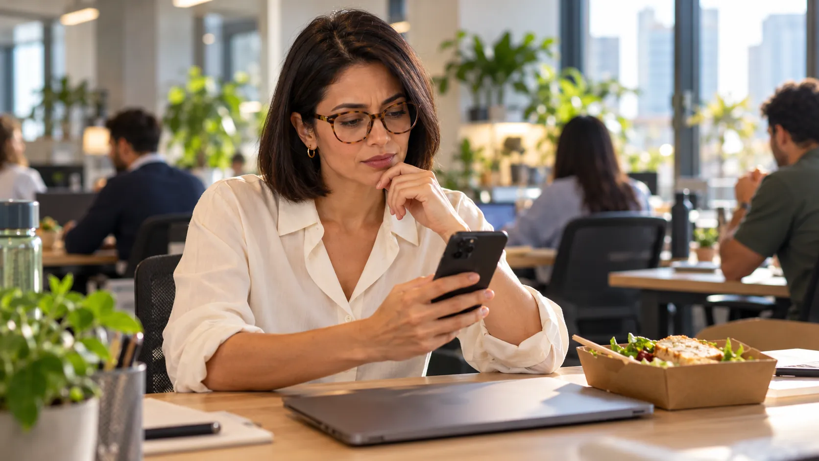 A woman in glasses pauses over her phone at her desk in an open-plan office during lunch
