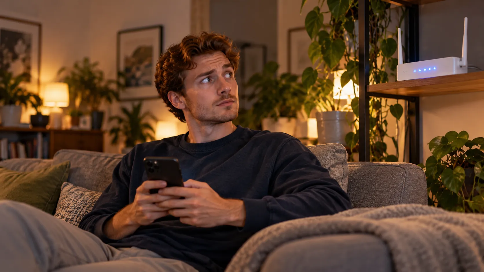 A man in a navy sweatshirt on a friend's sofa glances up from his phone at the Wi-Fi router on the shelf, one eyebrow raised