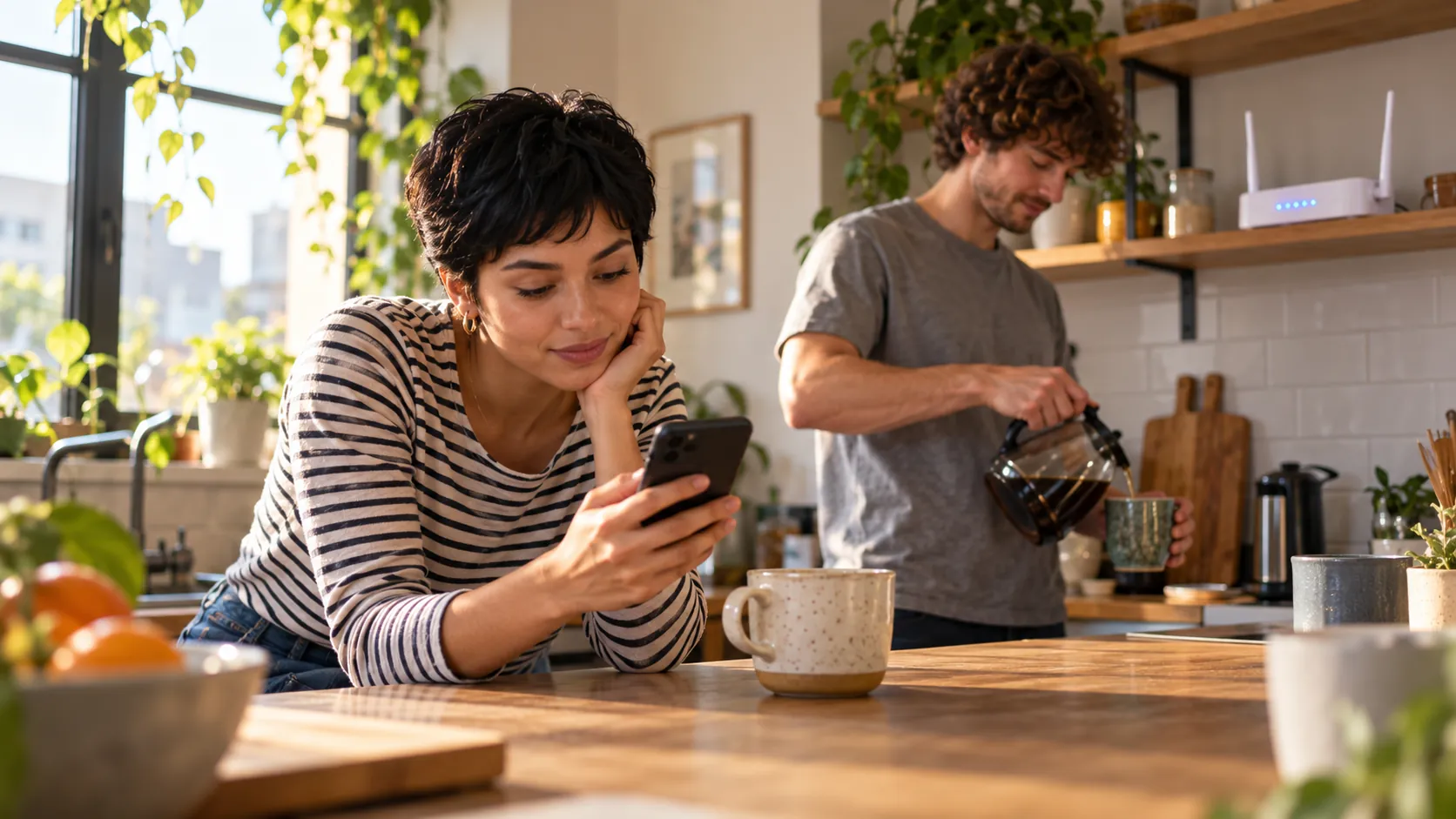 Two flatmates in a shared kitchen: one scrolls her phone at the counter while the other makes coffee near the Wi-Fi router