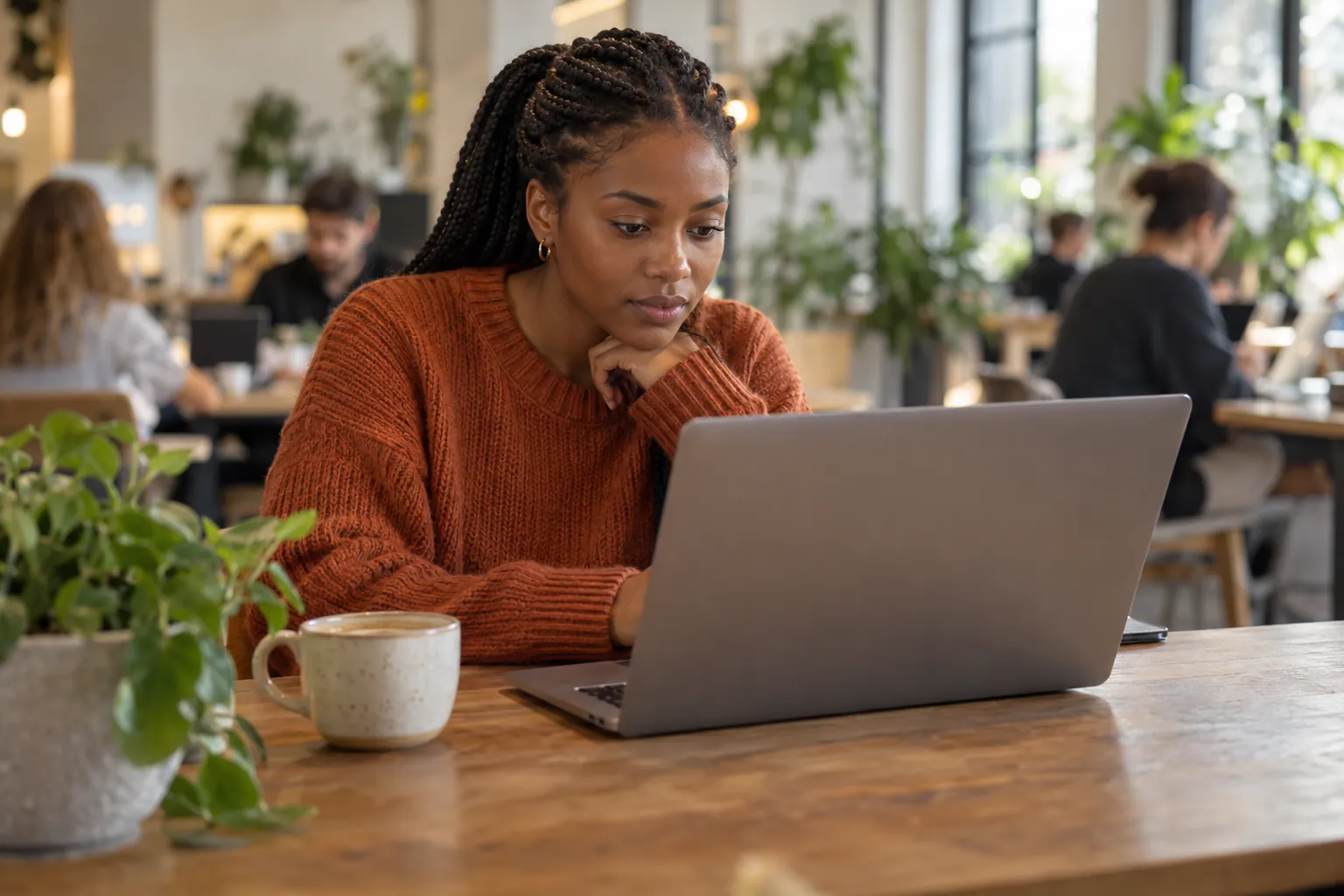 The next morning in a co-working space, she leans in to check the address bar on her laptop