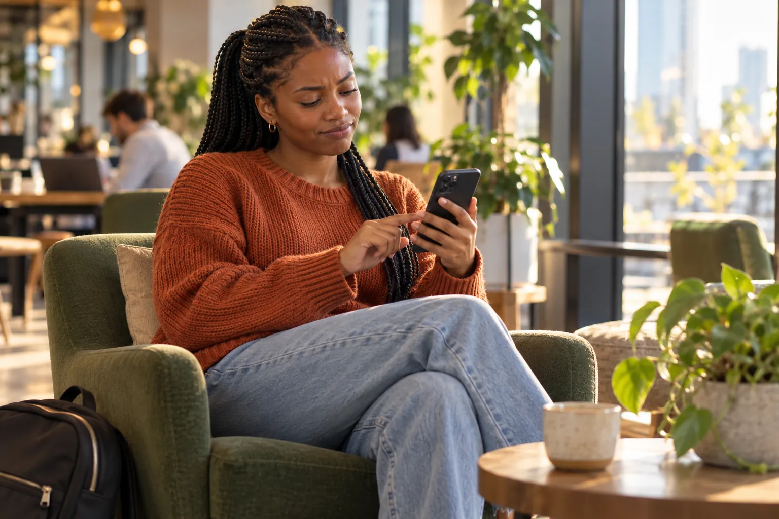 In a lounge chair by the window, she declines a pop-up on her phone with an unimpressed half-smile