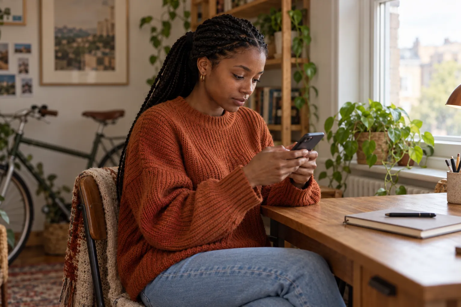 At a wooden desk by the window, she changes a network setting on her phone