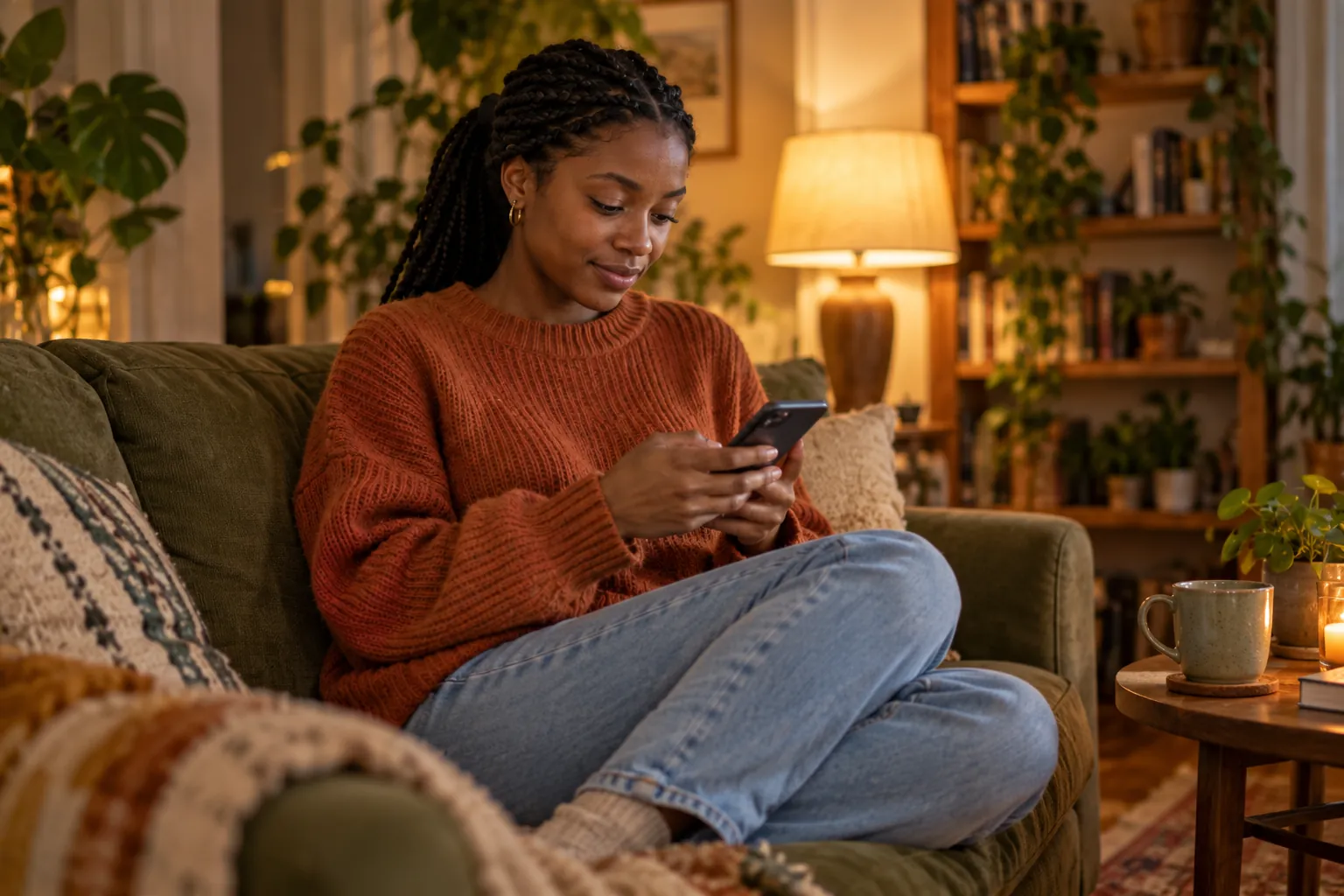 The same woman curls up on a green sofa in the evening and switches on a VPN on her phone