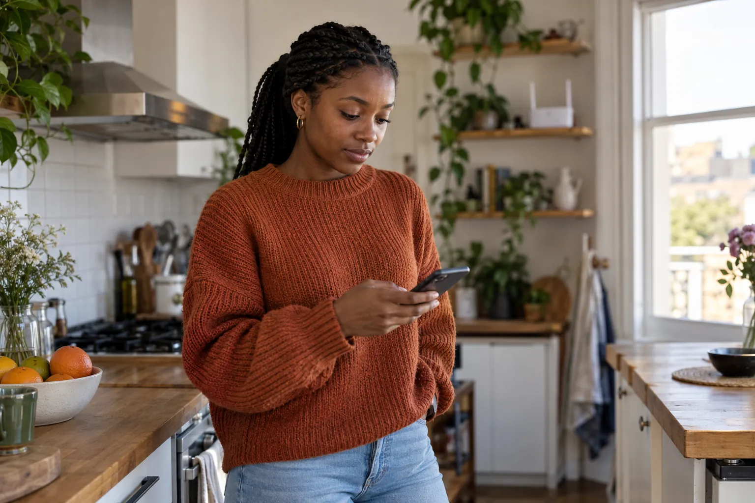 A woman in a rust jumper stands in a friend's kitchen switching her phone from Wi-Fi to mobile data