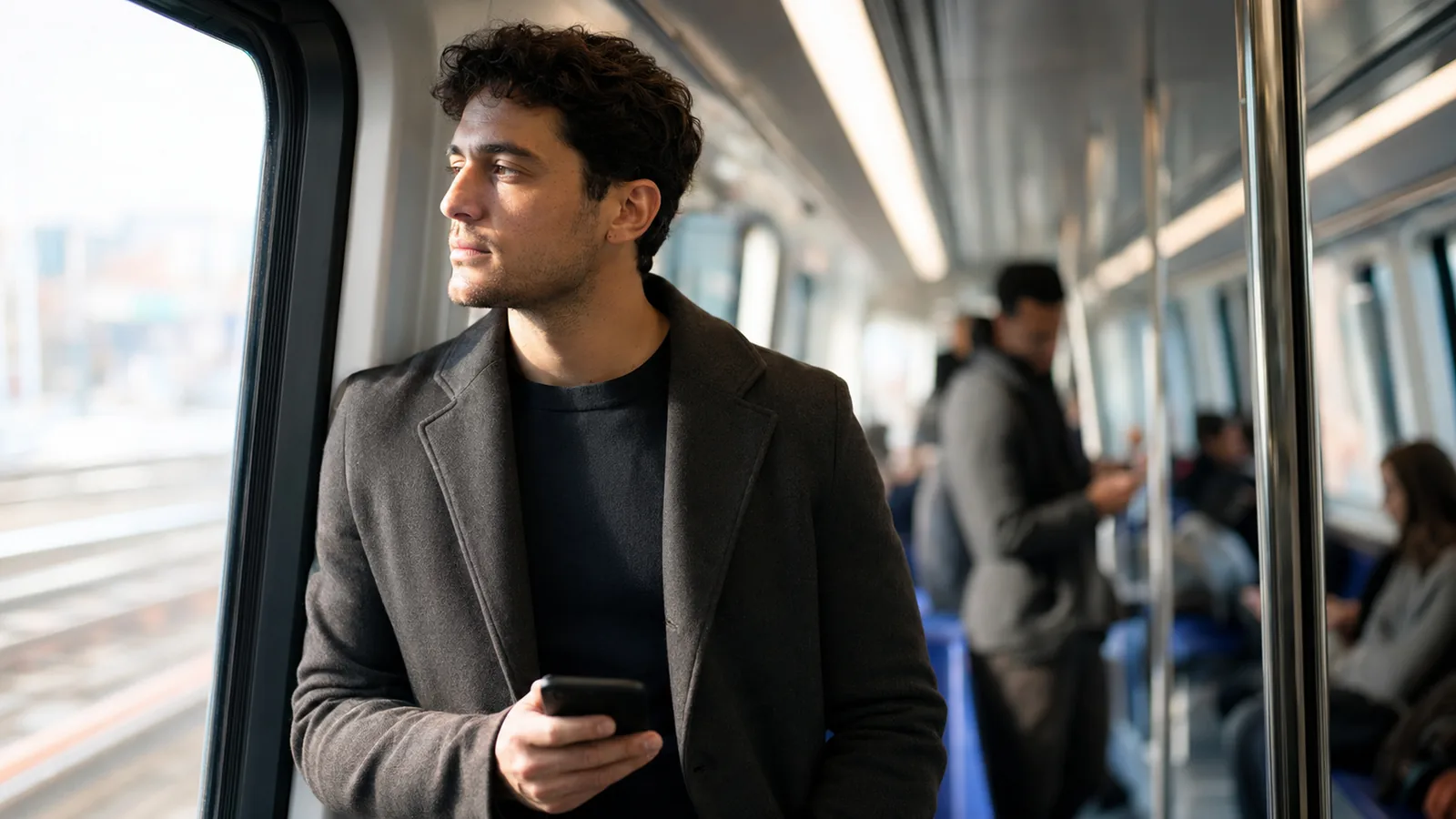 A man in an overcoat standing on a modern metro train holding a phone, morning light streaming through the carriage windows