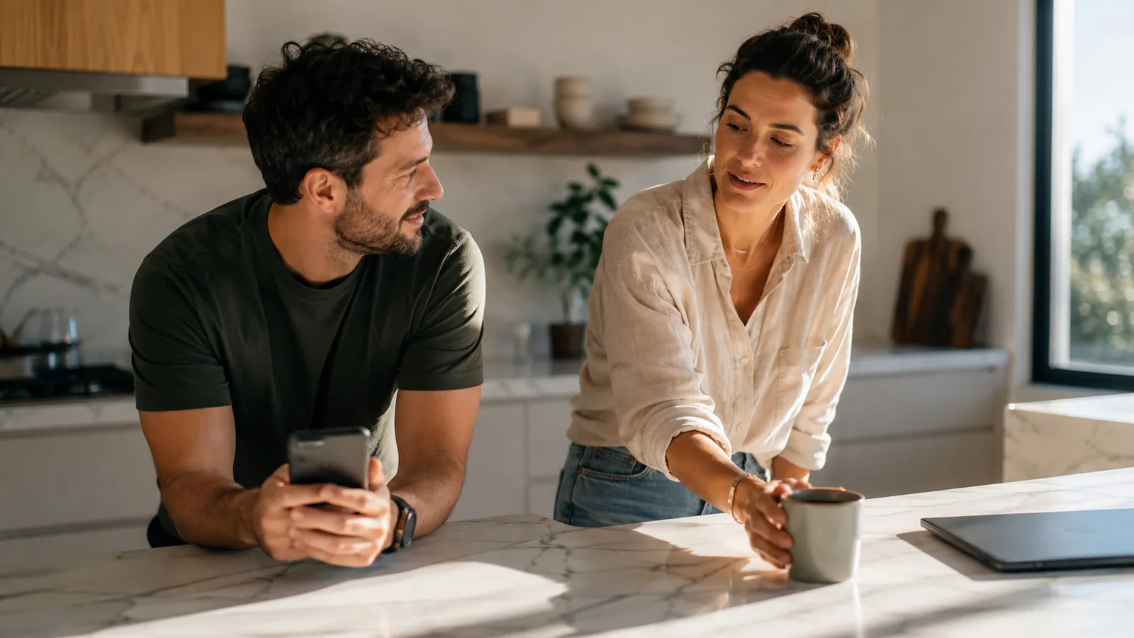A couple in a bright modern kitchen in the morning, one scrolling a phone while the other reaches for a coffee cup