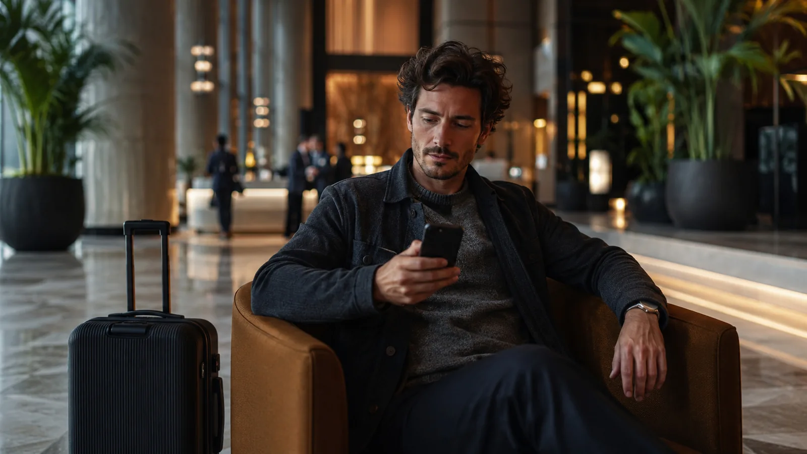 A traveller sitting in a low armchair in a luxury hotel lobby with a phone in hand and a suitcase beside him