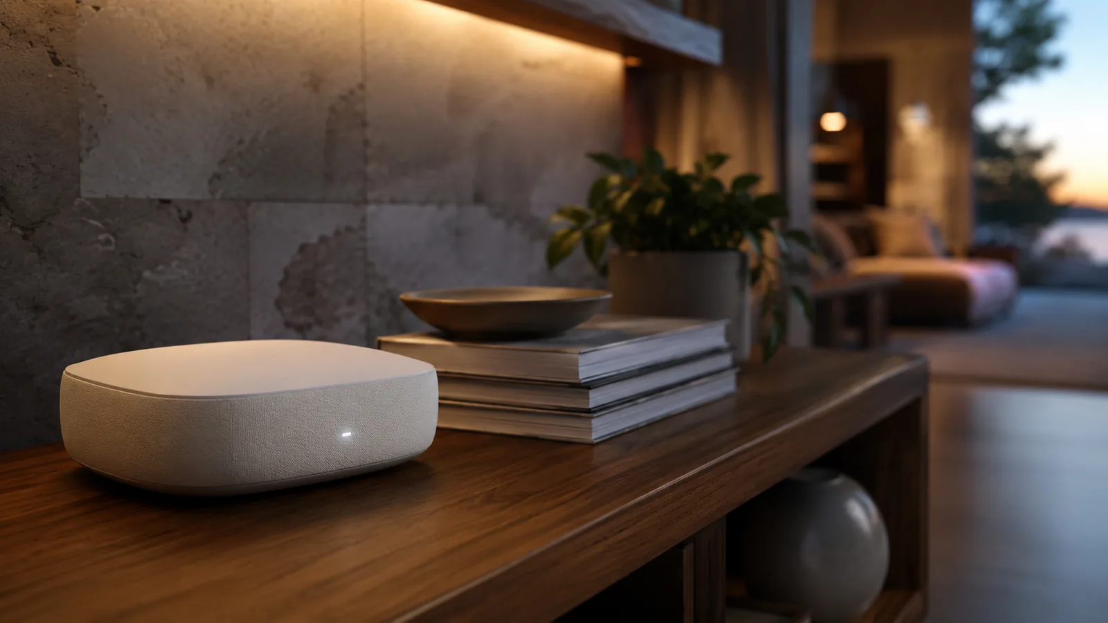 A white mesh wifi router on a walnut shelf in a modern living room at dusk, a small status light glowing, books and a plant beside it