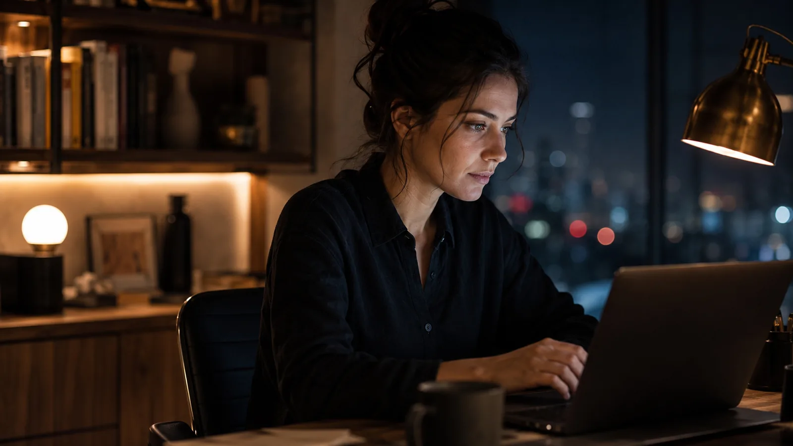 A woman working late at a designer desk in a dark modern home office, her face lit softly by a screen, city lights far behind her