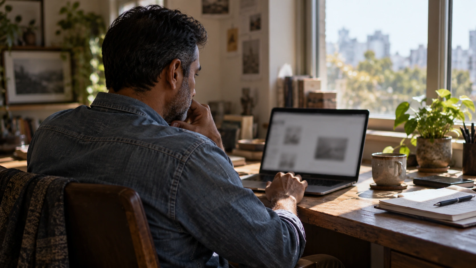 A man at a home desk reading a website on a laptop, deciding whether to allow it access to his location