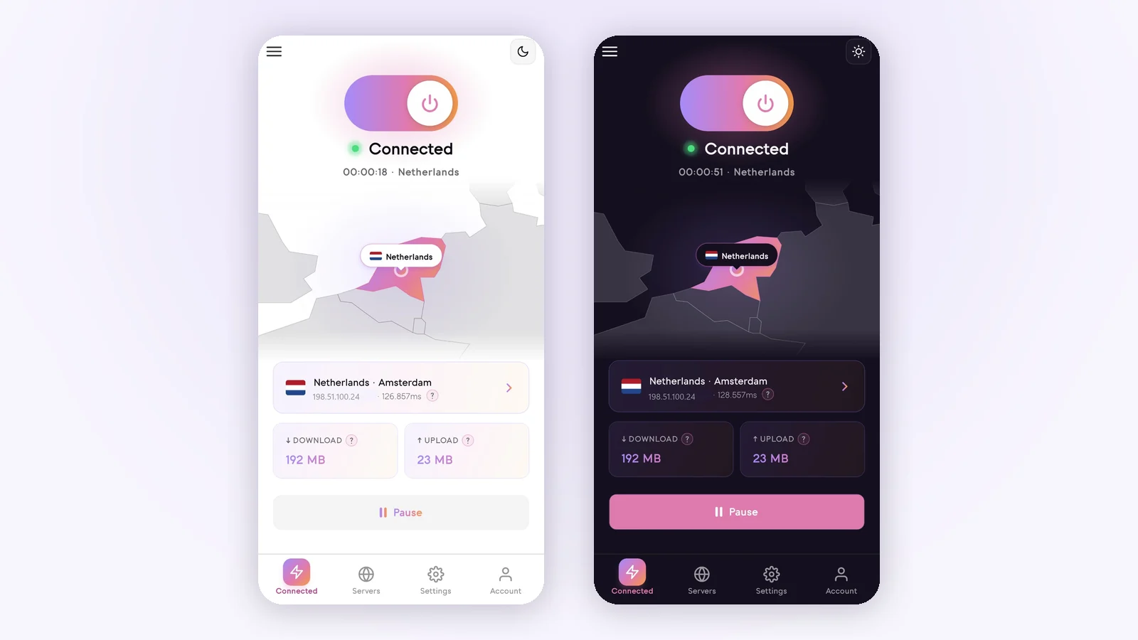 The Senton Android app connected to the Netherlands, shown in light and dark mode, with the active country, the server city and the connection time on screen