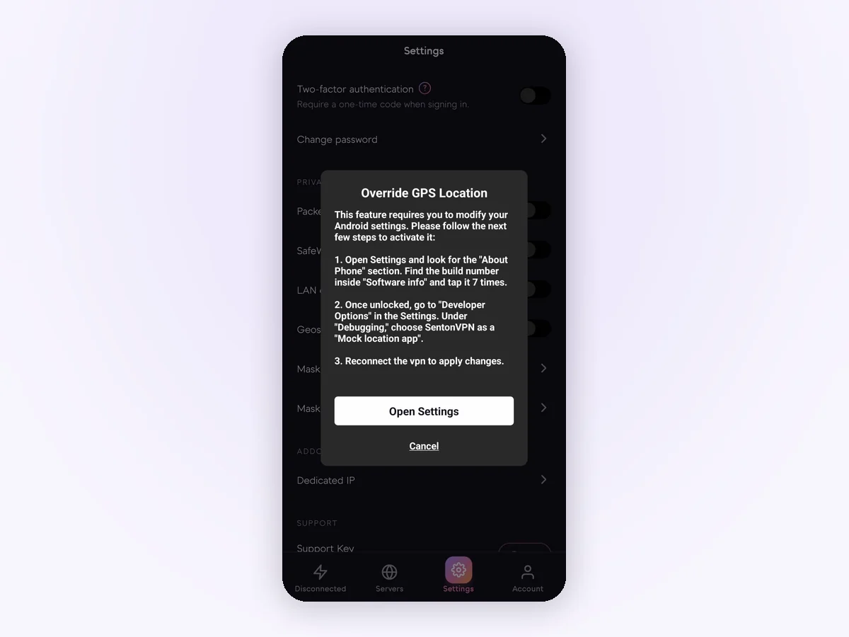 The Senton app explaining that overriding GPS location requires turning on developer options and choosing Senton as the Android mock location app