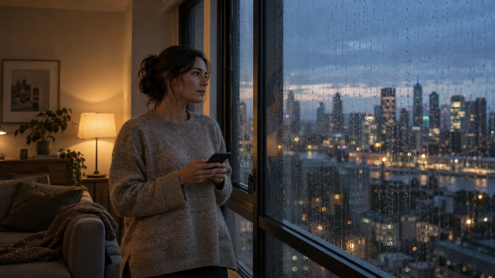 A woman standing at a rain-streaked apartment window at dusk, phone in hand, with a lit city skyline behind the glass