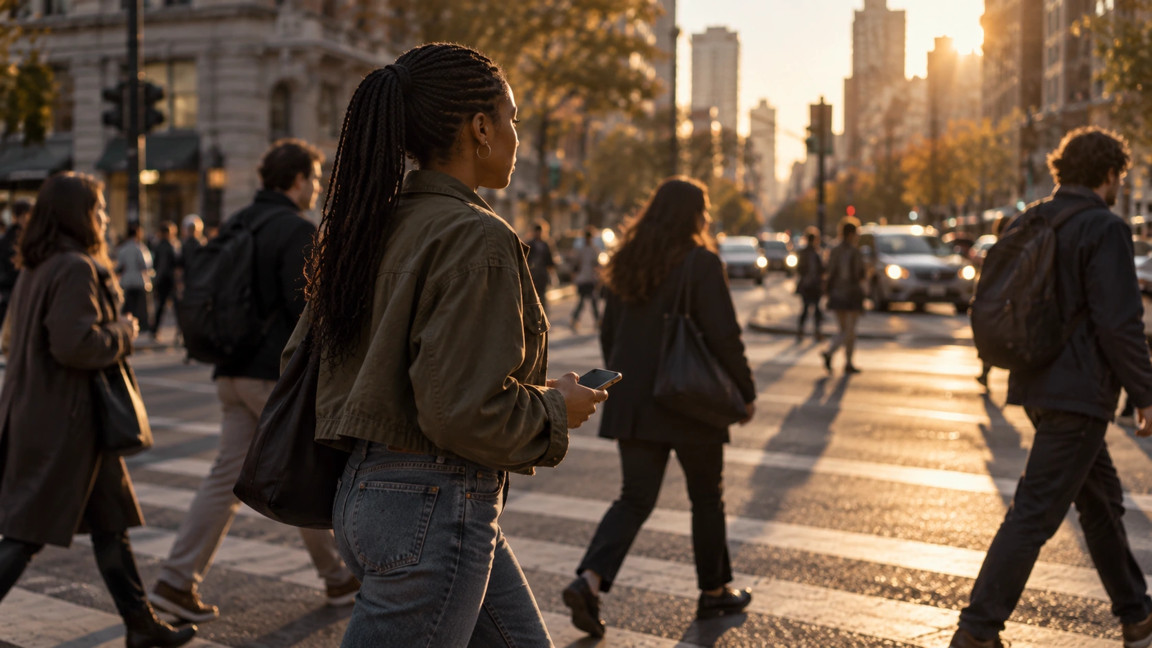 A woman crossing a busy city street at sunset holding her phone, surrounded by other pedestrians
