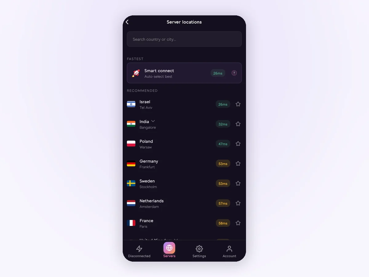 The Senton app server list showing countries with their response times, including Israel, India, Poland, Germany, Sweden, the Netherlands and France
