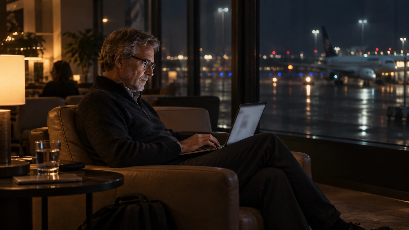 A traveller working on a laptop in an airport lounge at night, with aircraft on the wet apron outside the window