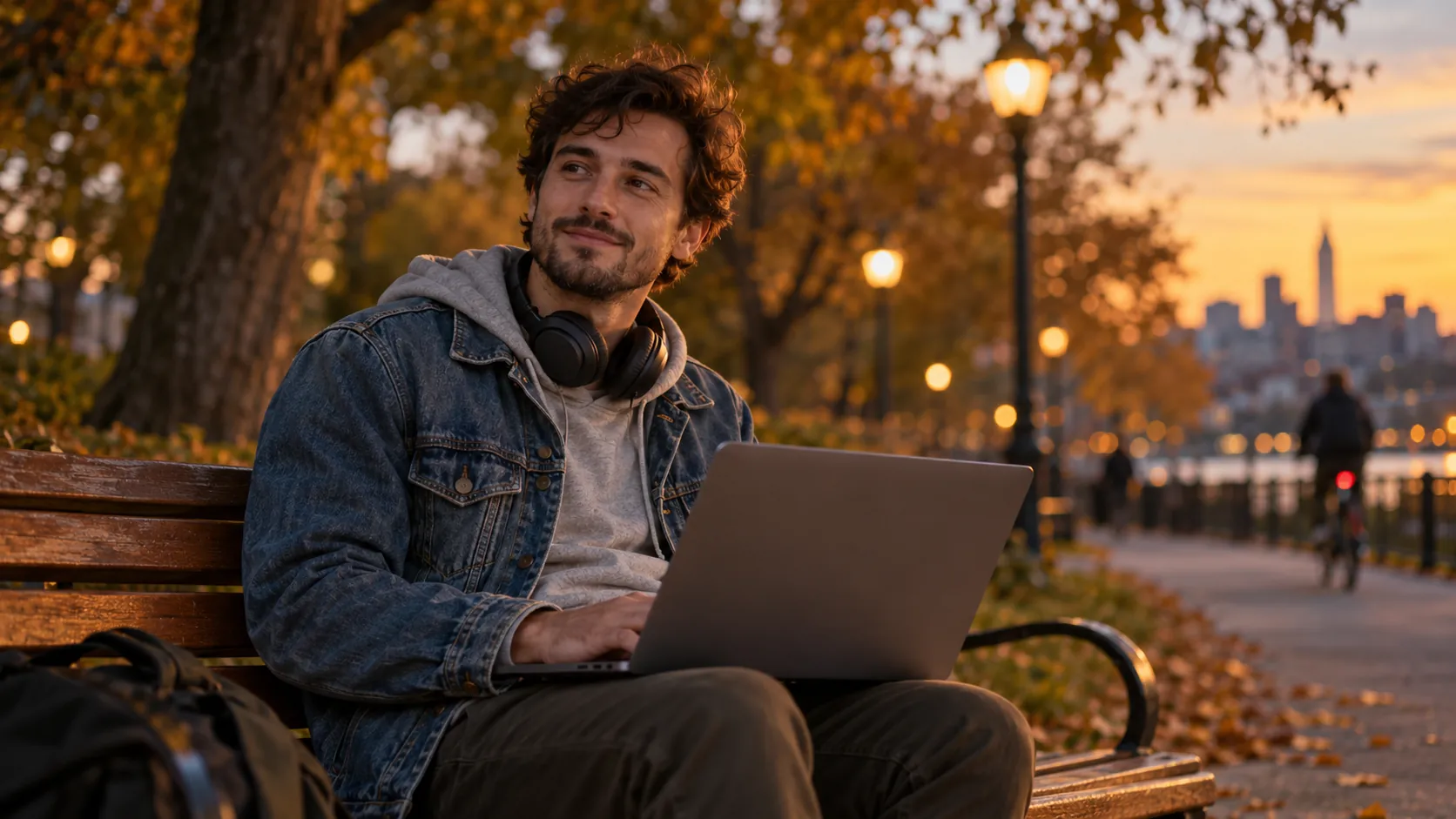A man in a denim jacket with headphones round his neck smiles up from his laptop on a park bench at dusk