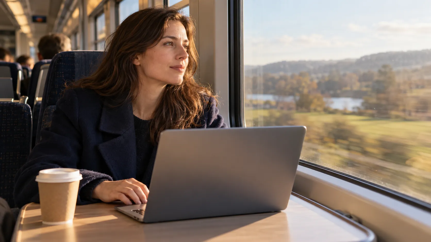 A woman in a navy coat looks out of a train window beside her open laptop and a paper coffee cup, countryside passing in the afternoon sun