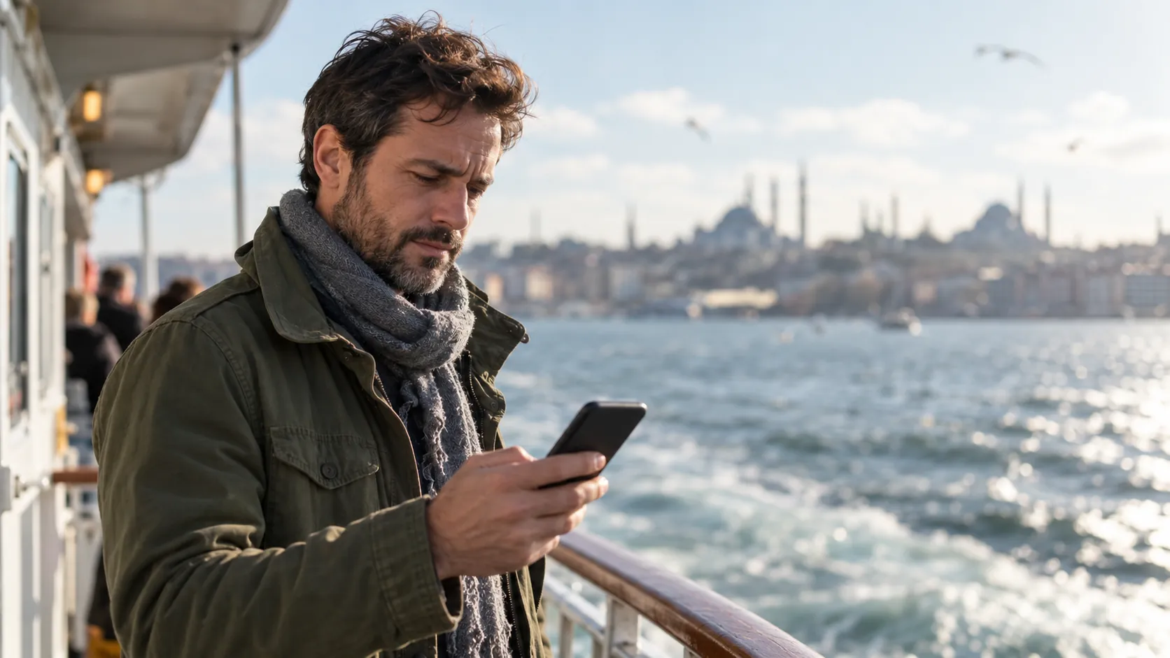 A bearded man in an olive jacket and grey scarf frowns at his phone on the deck of a city ferry