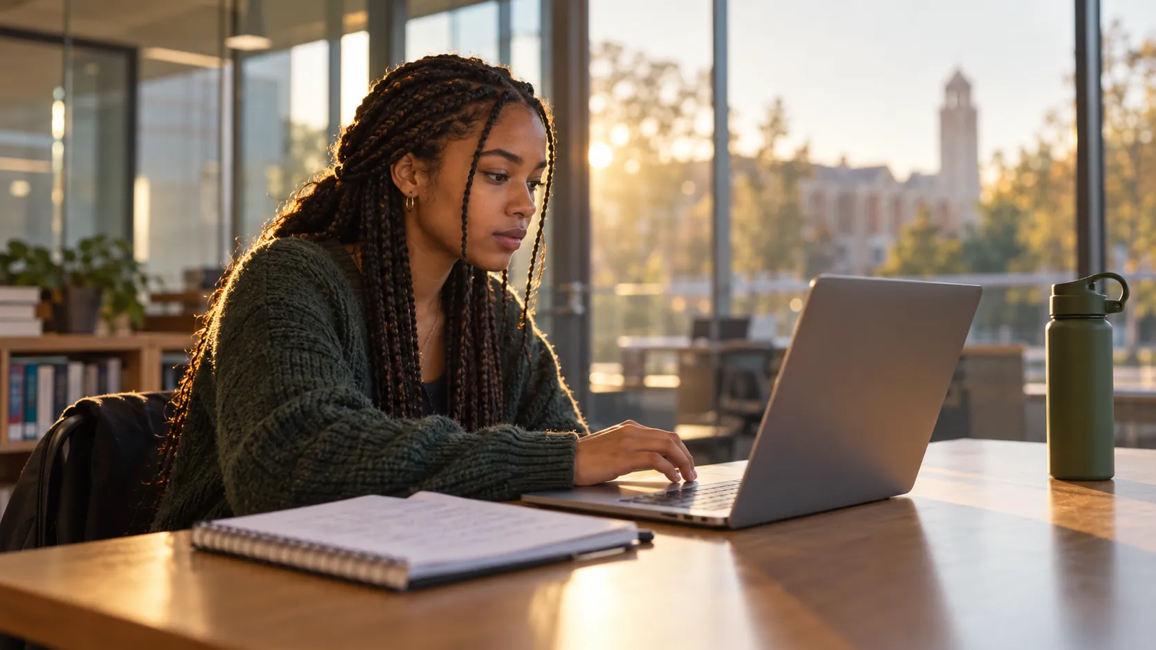 A student with long braids works through settings on her laptop in a sunlit campus study room