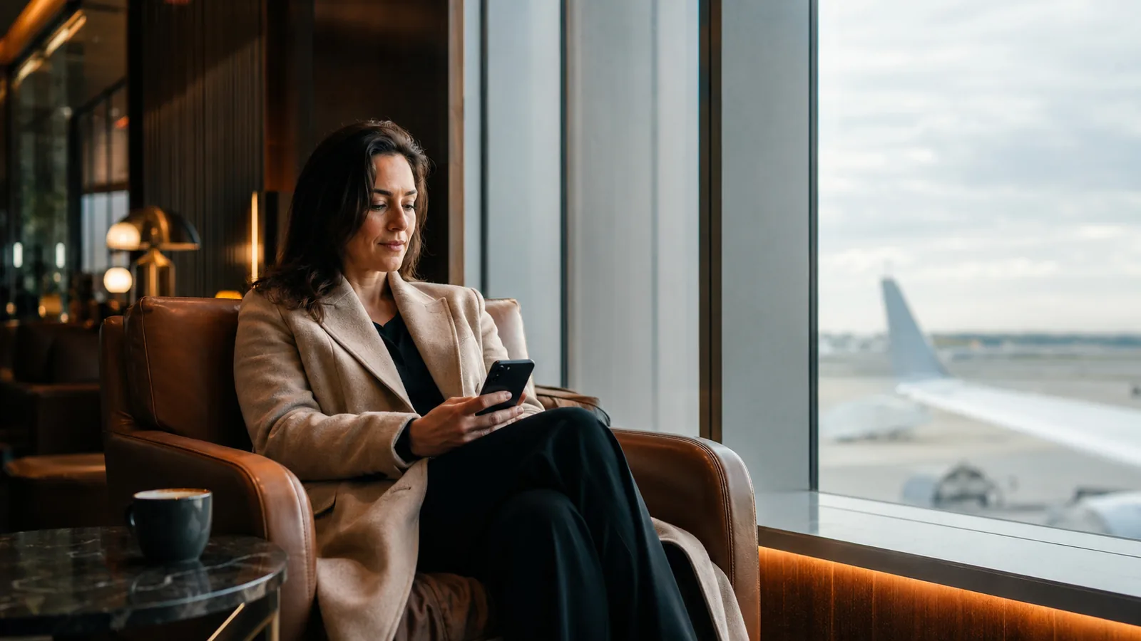 A woman in a tailored coat sitting with a phone in a premium airport lounge, large windows and an aircraft visible outside