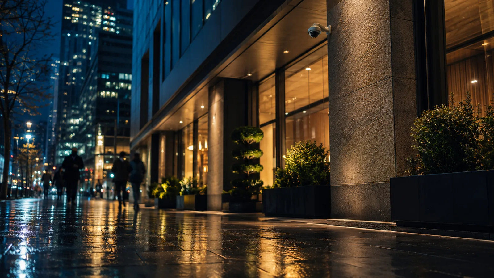A modern city street at night, wet pavement reflecting shop lights, a discreet camera housing on a building facade above