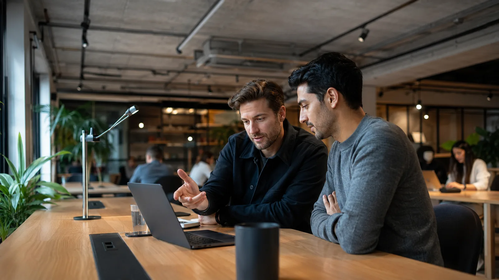 Two colleagues at a long shared desk in a bright modern co-working space, one gesturing at an open laptop while the other listens