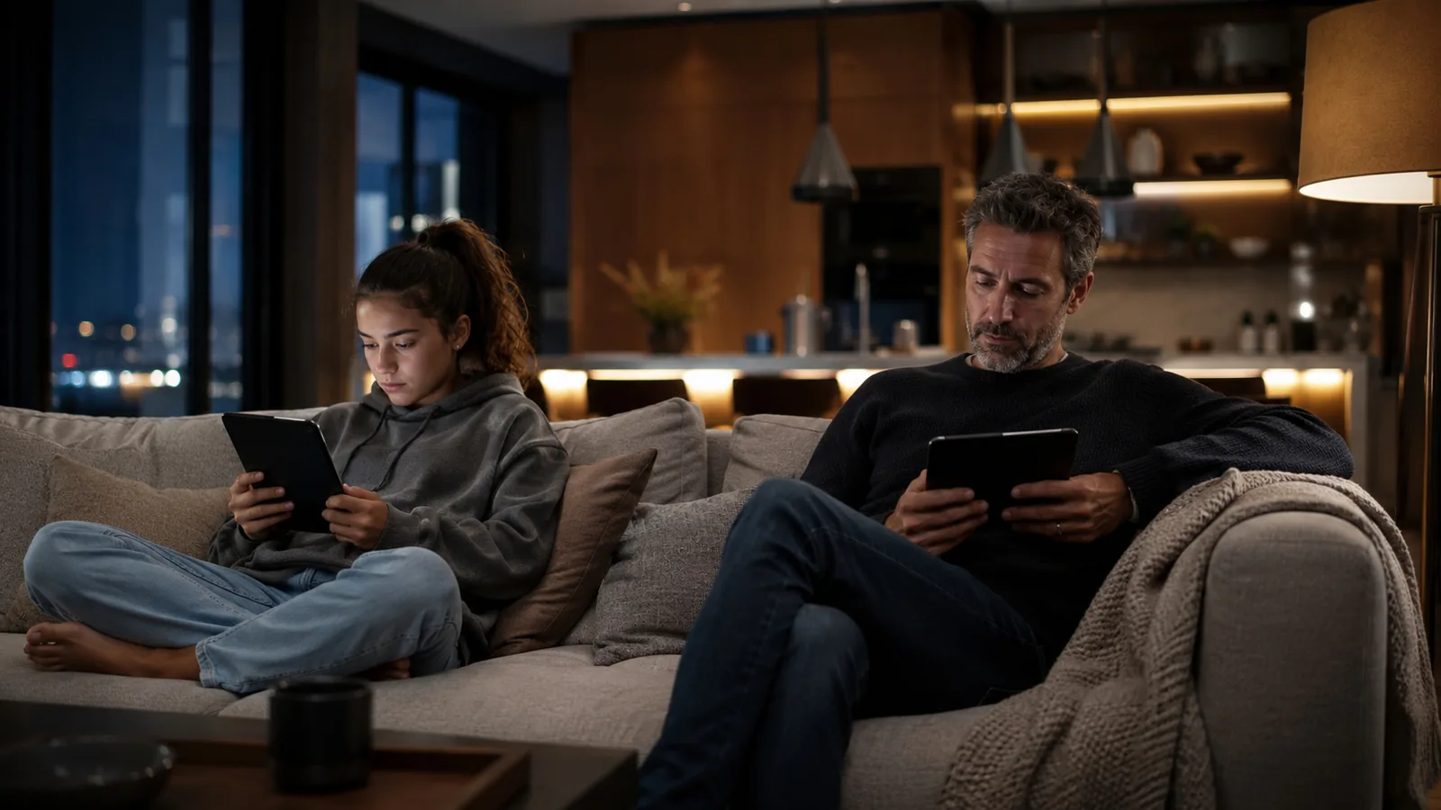 A father and teenage daughter on a large sofa in a modern living room in the evening, each on a separate device