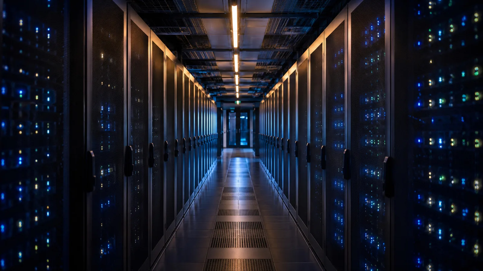 A clean modern data centre corridor photographed down the aisle, rows of equipment racks with small indicator lights