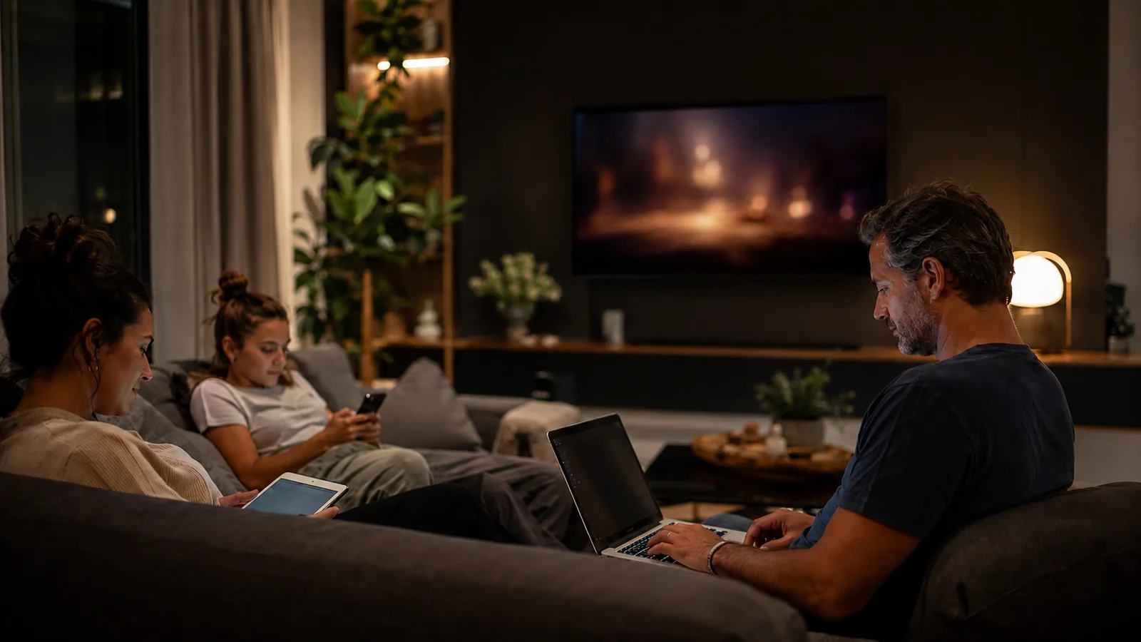 Three people in one living room in the evening, one on a tablet, one on a phone and one on a laptop, with the television playing in the background