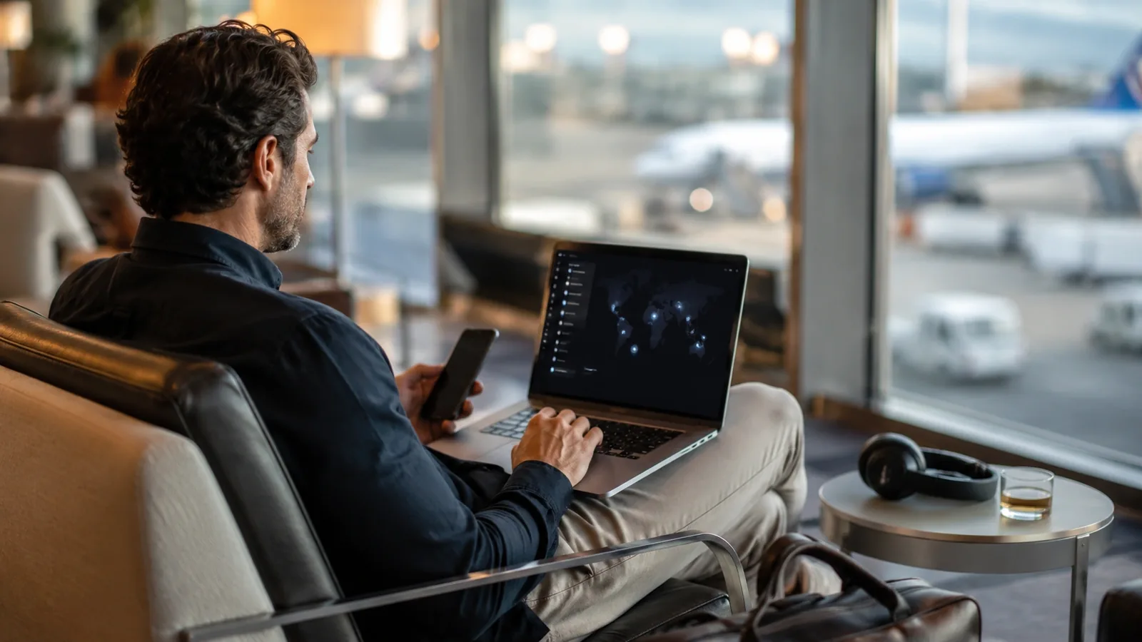 A man in an airport lounge with a laptop open on his knees showing a list of server locations beside a world map, aircraft visible through the window