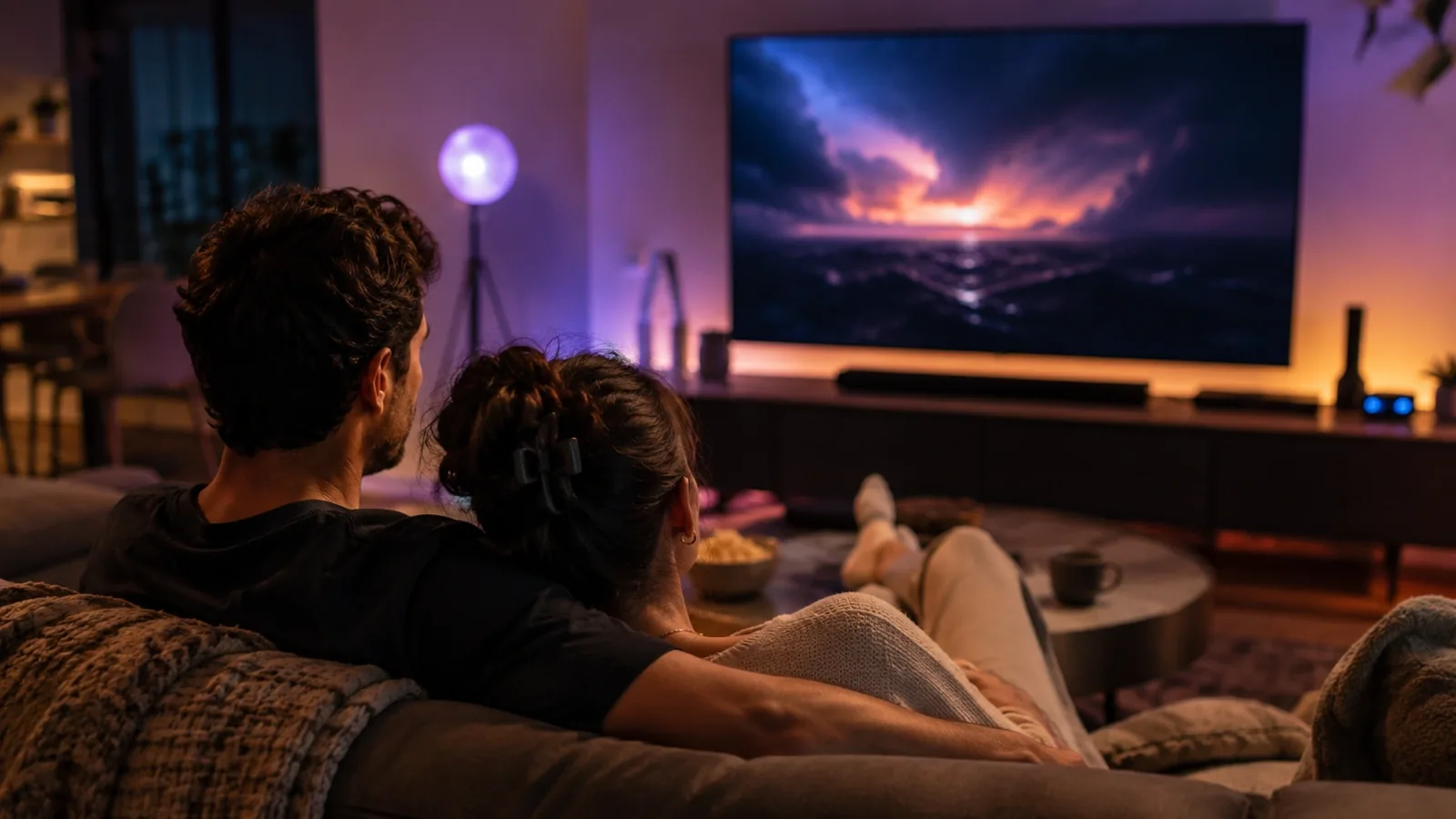 A couple sitting together on a sofa in a warmly lit living room, watching a film play uninterrupted on a large television