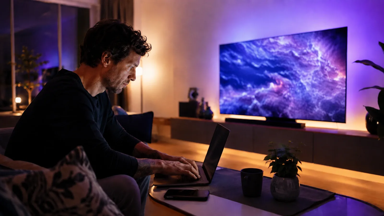 A man leaning over a laptop on a low table in a living room while a film plays on the television behind him