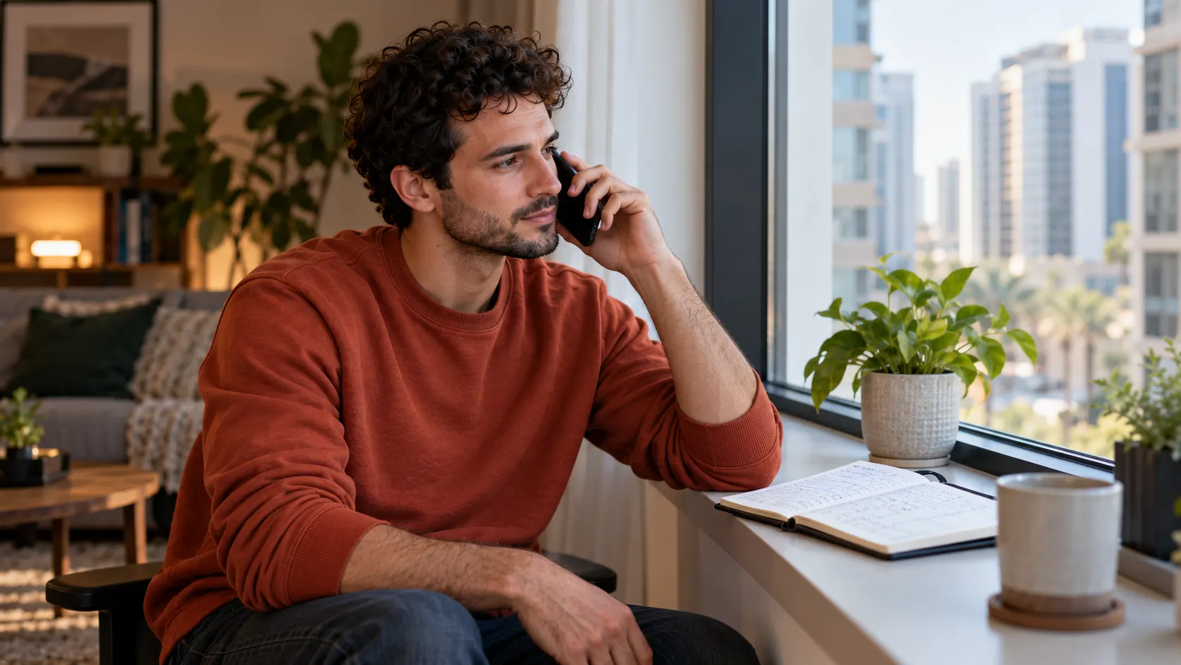 By a sunny window he talks to his provider on the phone, a notebook of handwritten numbers on the sill