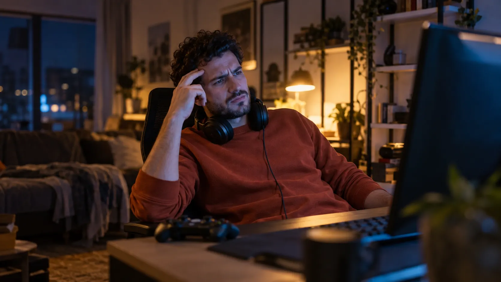 A man with curly hair and a headset round his neck leans back from his gaming desk at night, frowning at his monitor