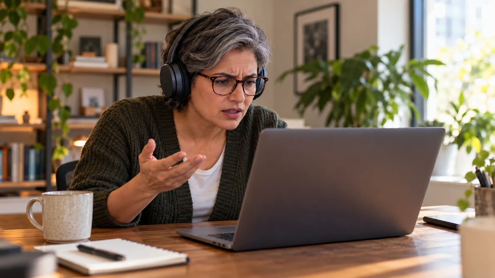 A woman with short grey hair and headphones leans towards her laptop, frowning as her video call breaks up