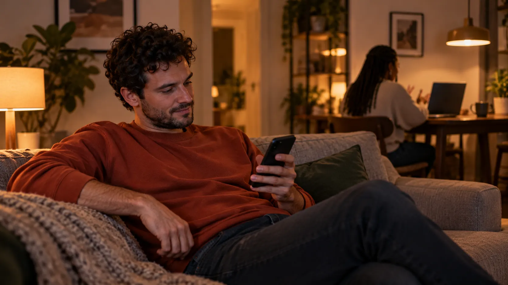 On the sofa he taps his phone to pause something while his flatmate is on a video call at the table behind him