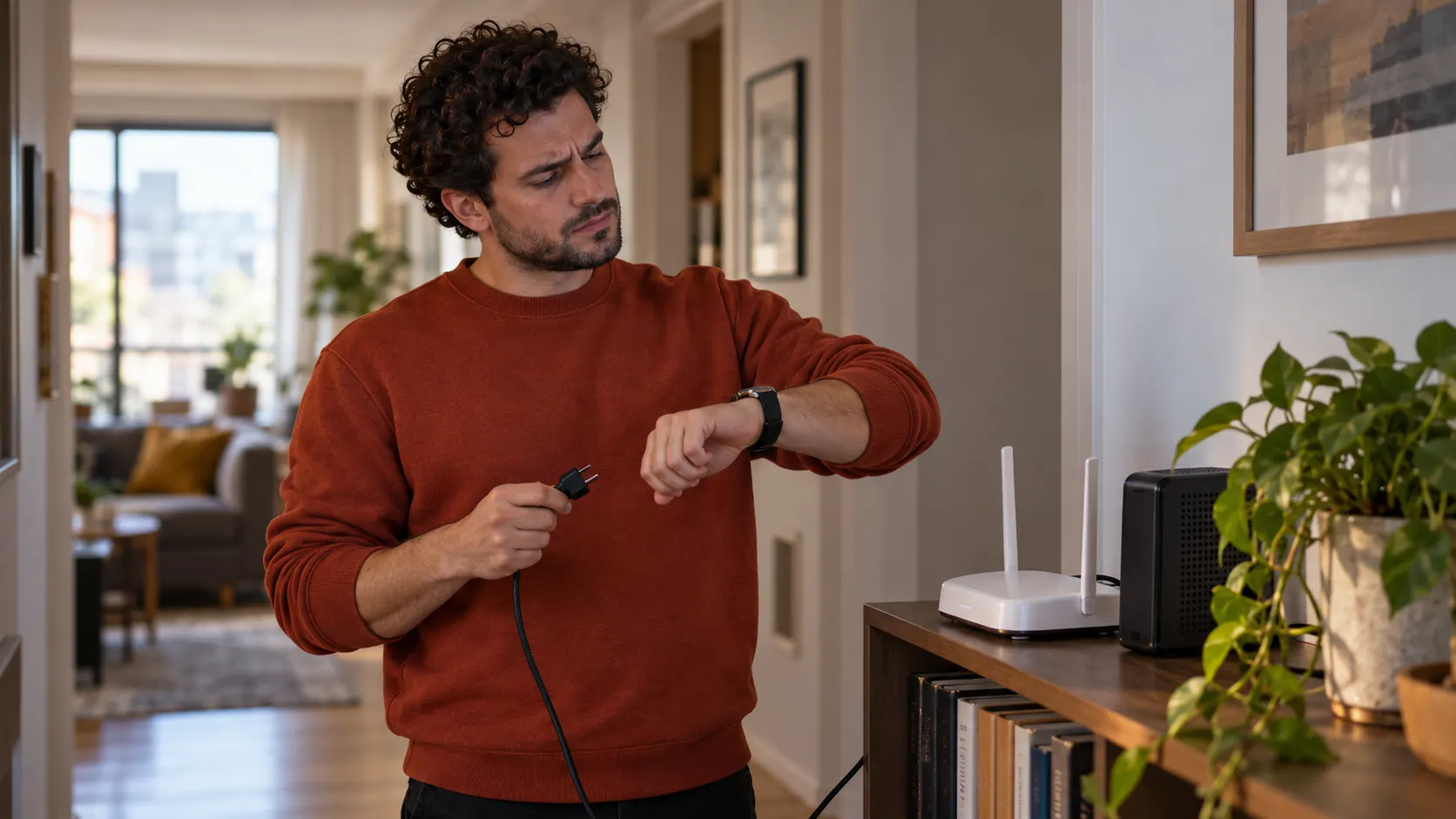A man in a rust sweatshirt stands by a white router on a hallway bookcase, holding its unplugged power cable and checking his watch