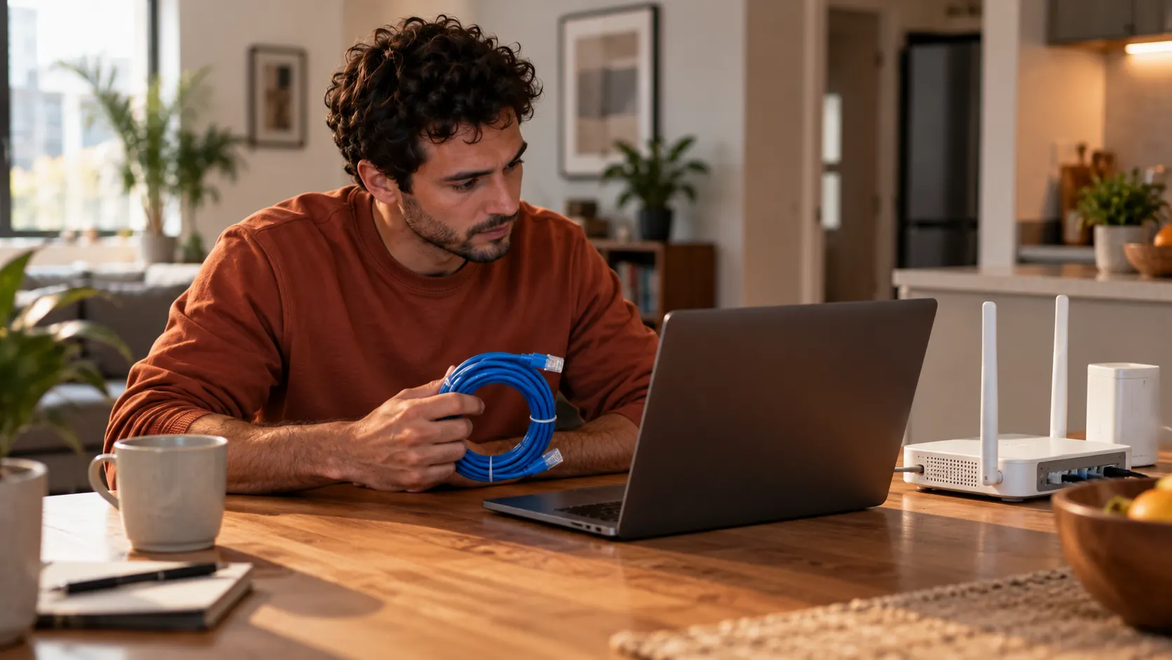 At the kitchen table he holds a new network cable and watches his laptop, the white router beside it
